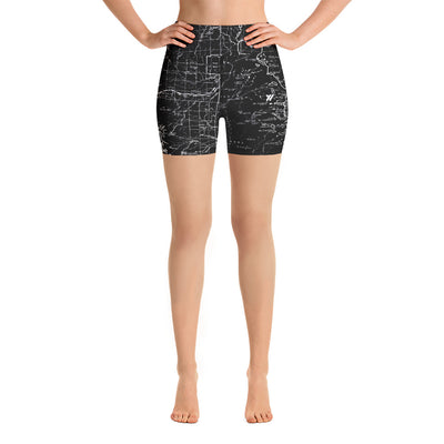 SIERRA MAP-BLACK-All Over Print Women's Yoga Shorts | TRVRS Outdoors, Hiking, trail running, mountaineering apparel 