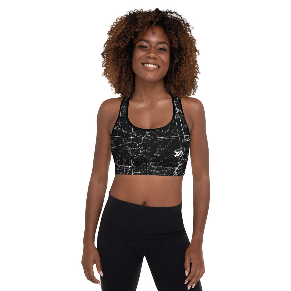 BLACK-San Gabriel Map Sports Bra Front Mockup | TRVRS Outdoors hiking, trail running clothing, mountaineering apparel