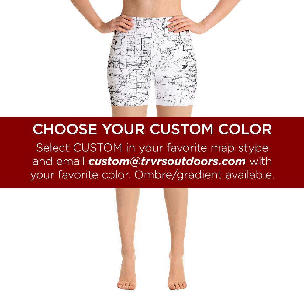 SIERRA MAP-CUSTOM-All Over Print Women's Yoga Shorts | TRVRS Outdoors, Hiking, trail running, mountaineering apparel 