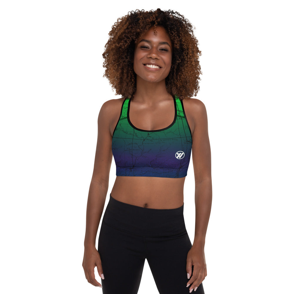 NORTHERN LIGHTS-San Gabriel Map Sports Bra Front Mockup | TRVRS Outdoors hiking, trail running clothing, mountaineering apparel