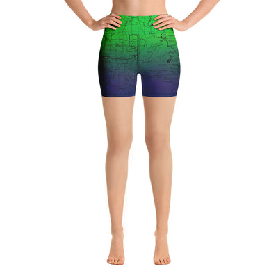 SIERRA MAP-NORTHERN LIGHTS-All Over Print Women's Yoga Shorts | TRVRS Outdoors, Hiking, trail running, mountaineering apparel 