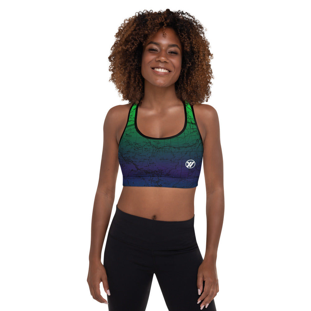 NORTHERN LIGHTS-Sierra Nevada Map Sports Bra Front Mockup | TRVRS Outdoors hiking, trail running clothing, mountaineering apparel