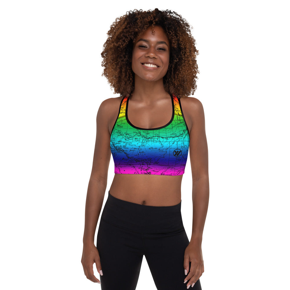 RAINBOW-Sierra Nevada Map Sports Bra Front Mockup | TRVRS Outdoors hiking, trail running clothing, mountaineering apparel