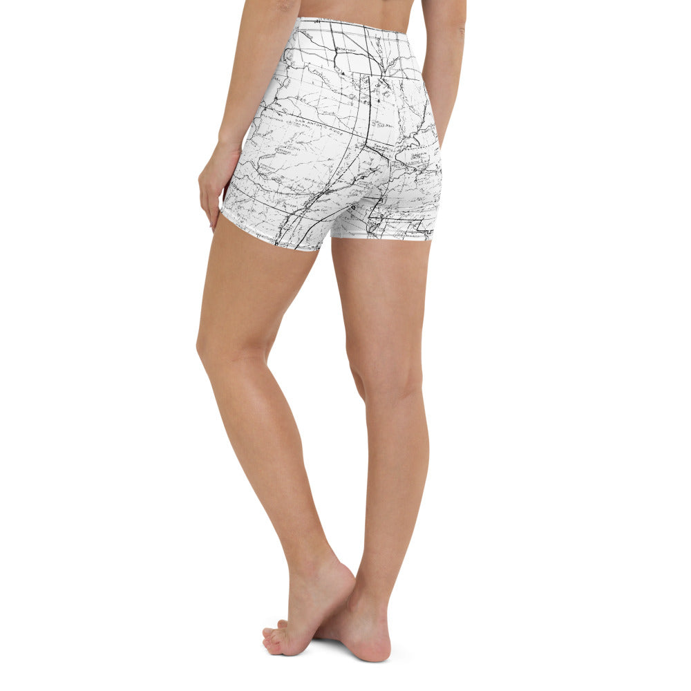 SAN GABRIEL MAP-WHITE-All Over Print Women's Yoga Shorts | TRVRS Outdoors, Hiking, trail running, mountaineering apparel 