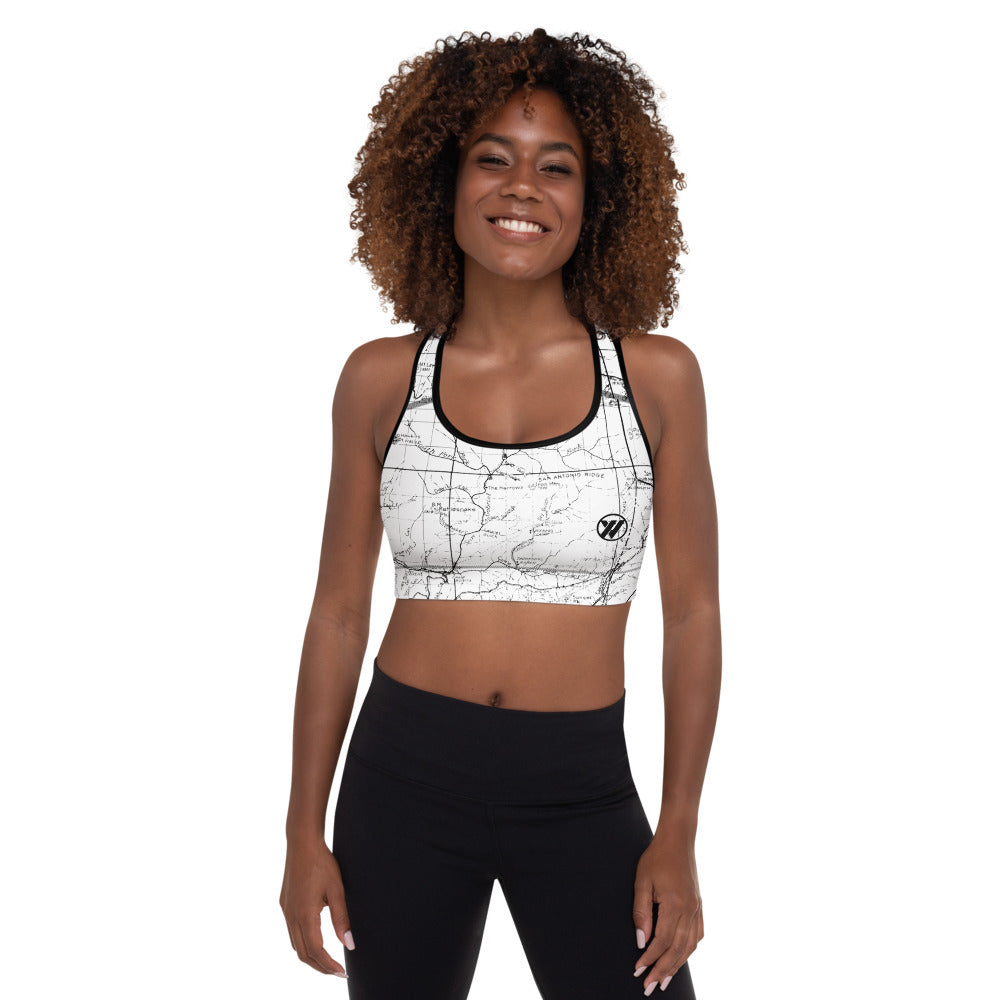 WHITE-San Gabriel Map Sports Bra Front Mockup | TRVRS Outdoors hiking, trail running clothing, mountaineering apparel