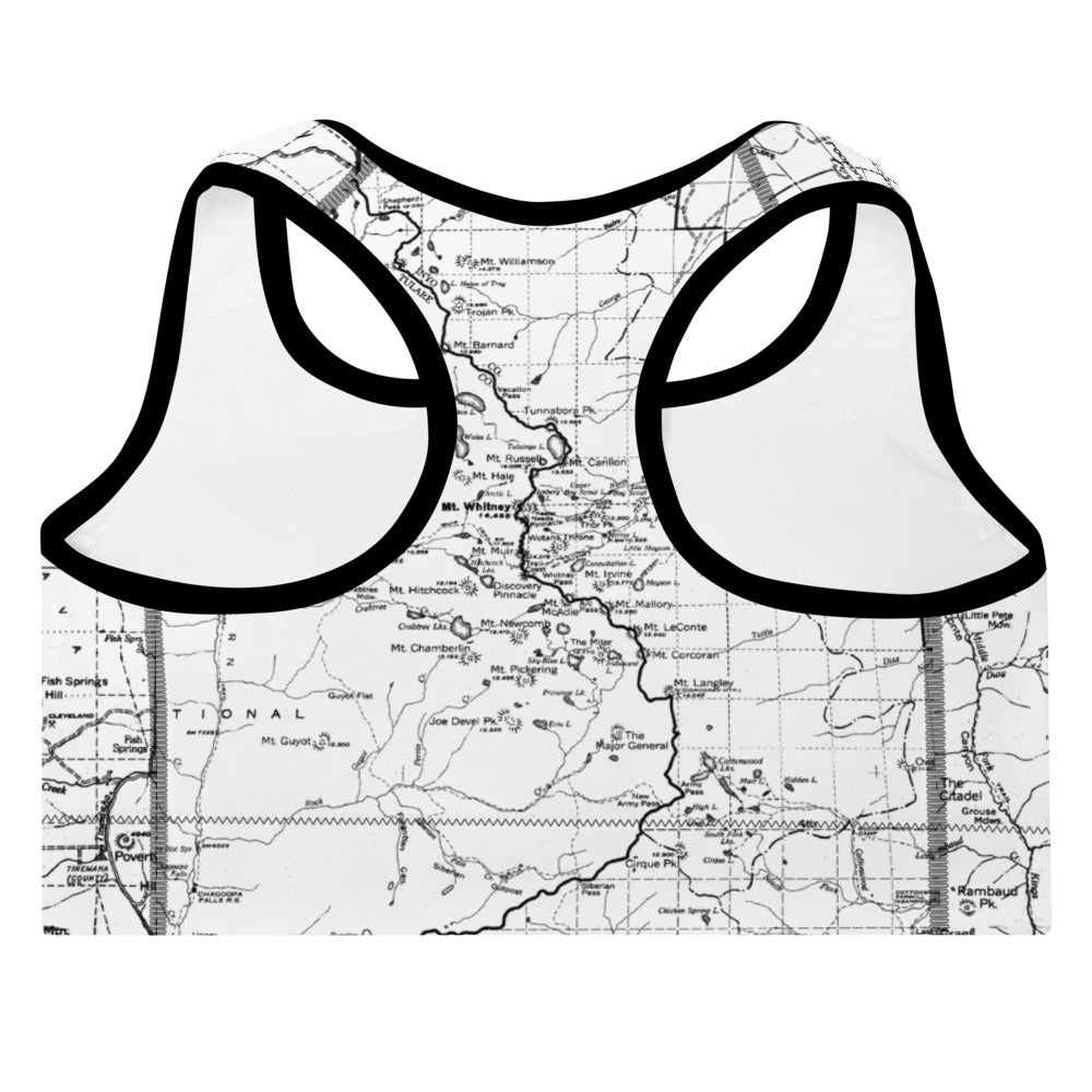 WHITE-Sierra Nevada Map Sports Bra Front Mockup | TRVRS Outdoors hiking, trail running clothing, mountaineering apparel