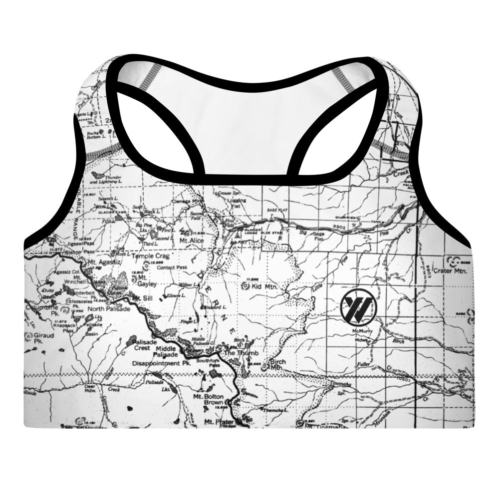 WHITE-Sierra Nevada Map Sports Bra Front Mockup | TRVRS Outdoors hiking, trail running clothing, mountaineering apparel