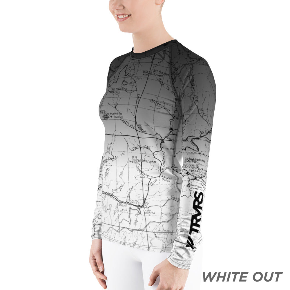 White Out, San gabriel Map- All Over Print Women's Base Layer | TRVRS Outdoors Hiking Apparel, Trail Running Clothing