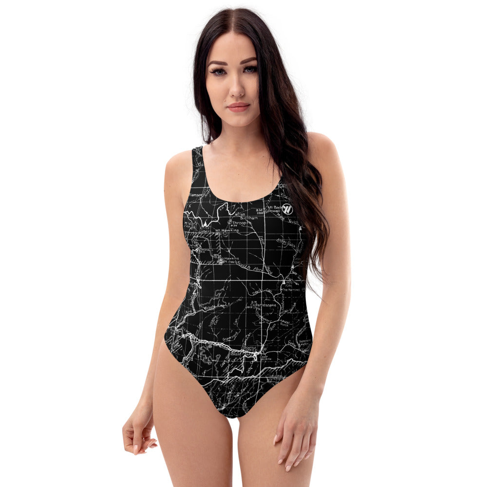 Black - San Gabriel Map One Piece Swimsuit (front) | TRVRS Outdoors  Hiking, Trail Running, Clothing, Apparel