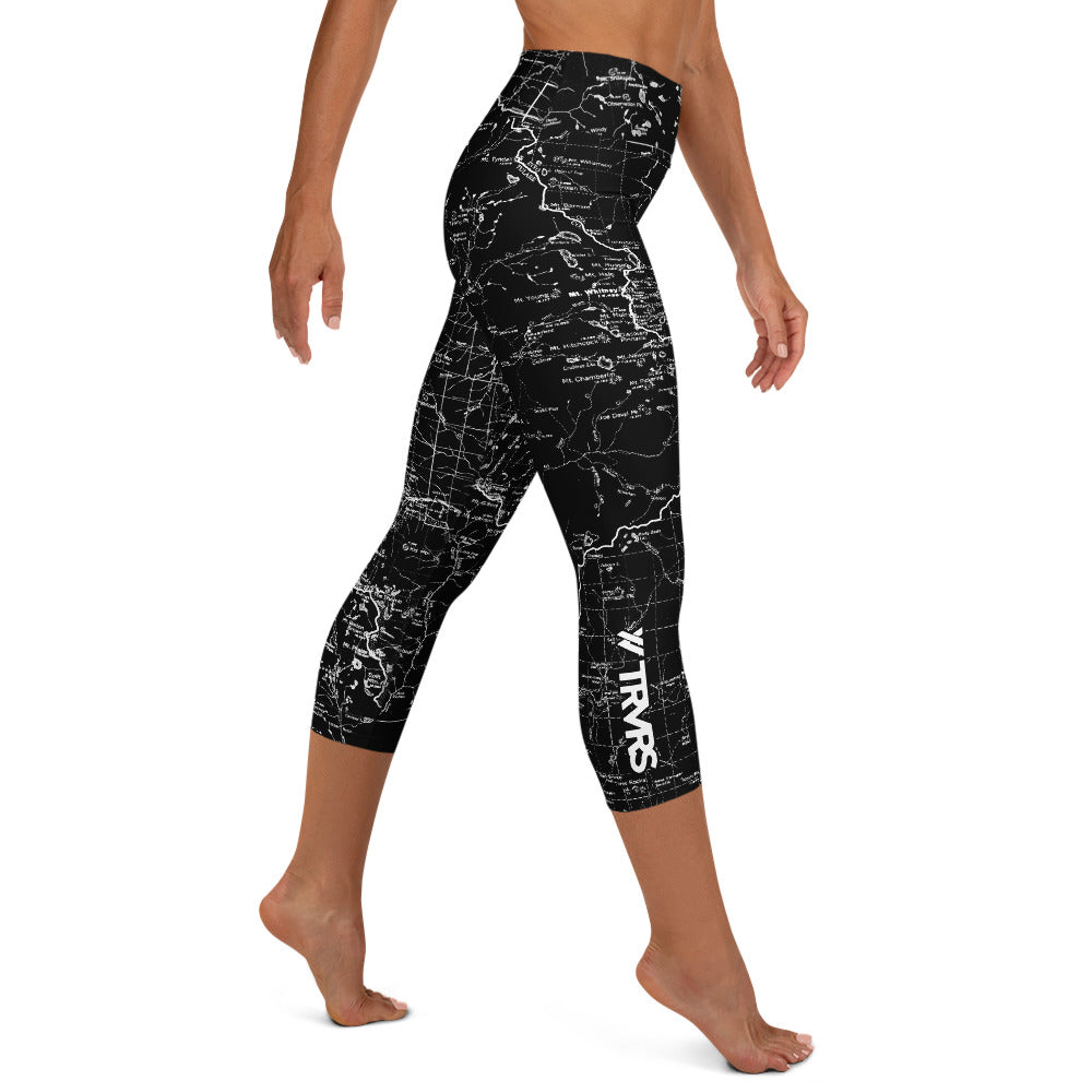 SIERRA NEVADA MAP-BLACK-All Over Print Women's Capri Leggings | TRVRS Outdoors, Hiking, trail running, mountaineering apparel 