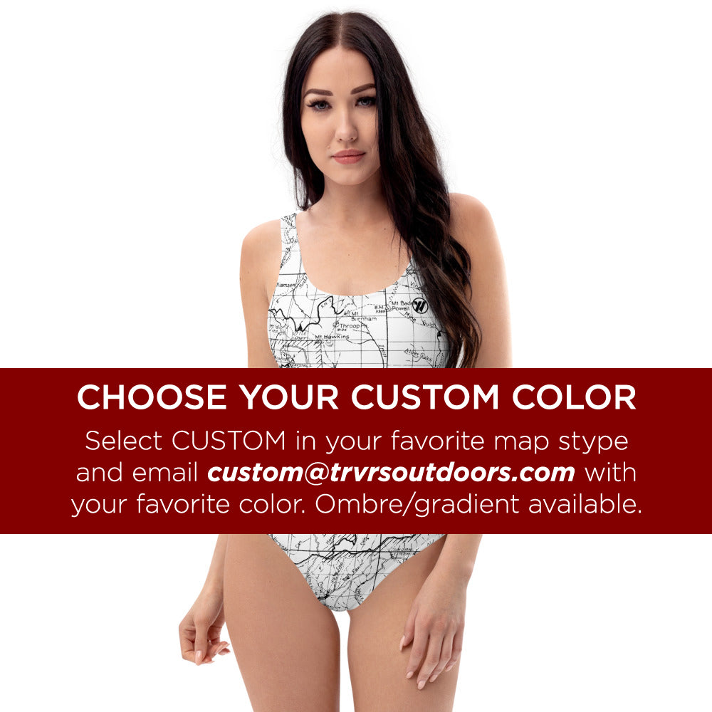 Custom Color - San Gabriel Map One Piece Swimsuit (front) | TRVRS Outdoors  Hiking, Trail Running, Clothing, Apparel