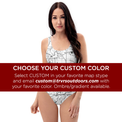 Custom Color - San Gabriel Map One Piece Swimsuit (front) | TRVRS Outdoors  Hiking, Trail Running, Clothing, Apparel
