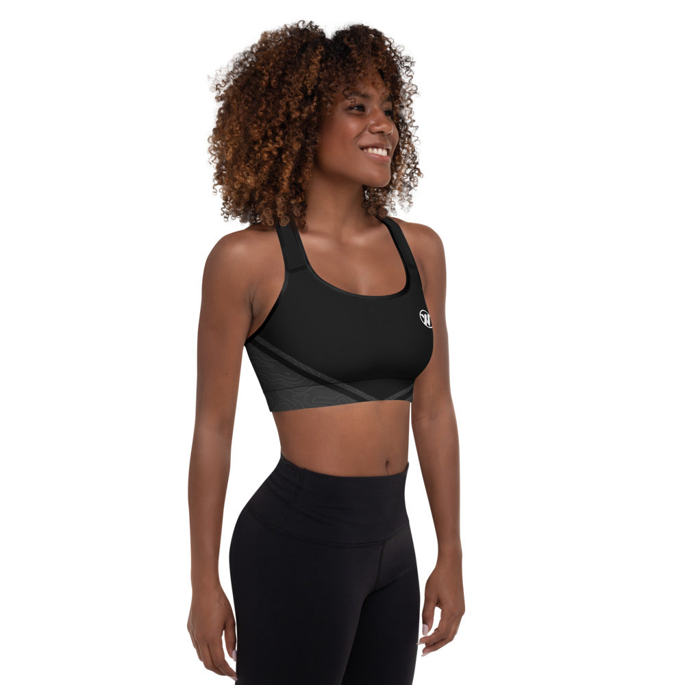 Front Right (Black piping) - Topo Map Women's Sports Bra | TRVRS Outdoors Trail Running Clothing, Hiking Apparel