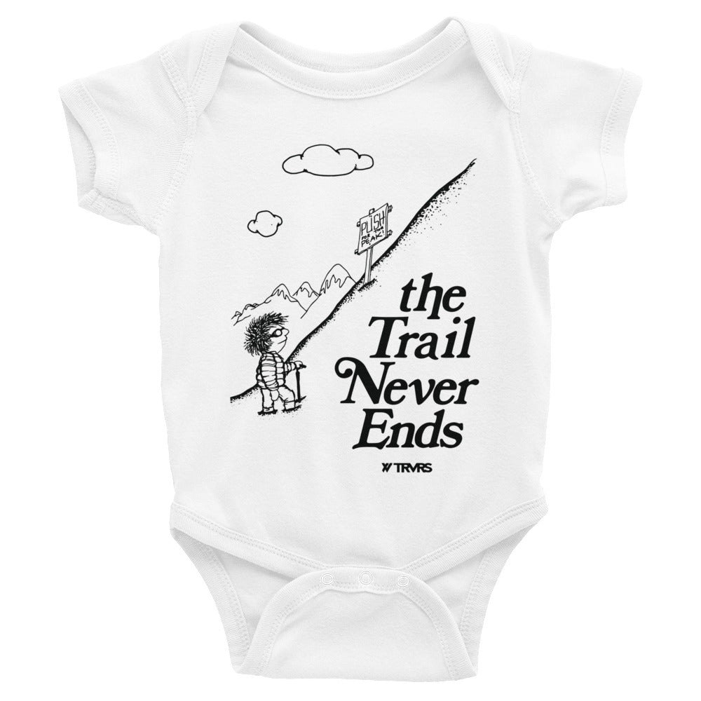 Trail Never Ends Infant Body Suit- WHITE | TRVRS APPAREL