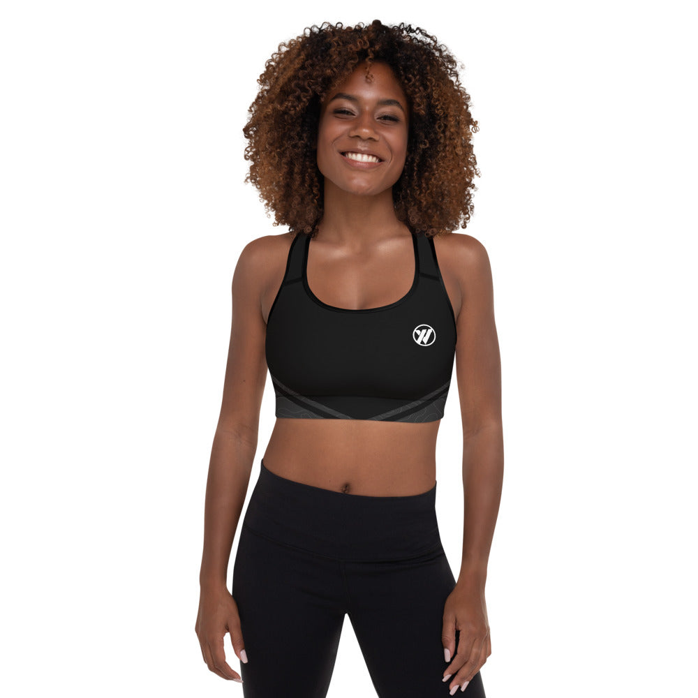 Front (Black piping) - Topo Map Women's Sports Bra | TRVRS Outdoors Trail Running Clothing, Hiking Apparel