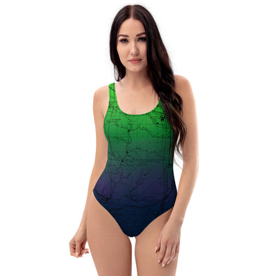 Northern Lights - San Gabriel Map One Piece Swimsuit (front) | TRVRS Outdoors  Hiking, Trail Running, Clothing, Apparel