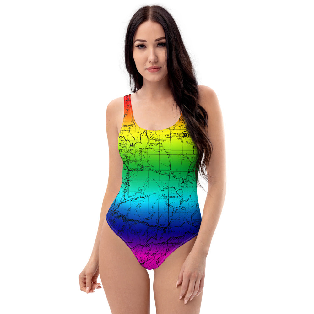 Rainbow - San Gabriel Map One Piece Swimsuit (front) | TRVRS Outdoors  Hiking, Trail Running, Clothing, Apparel