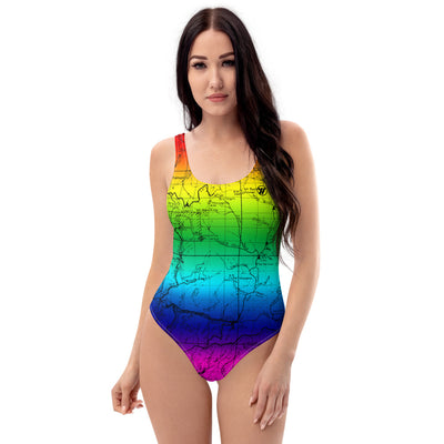 Rainbow - San Gabriel Map One Piece Swimsuit (front) | TRVRS Outdoors  Hiking, Trail Running, Clothing, Apparel