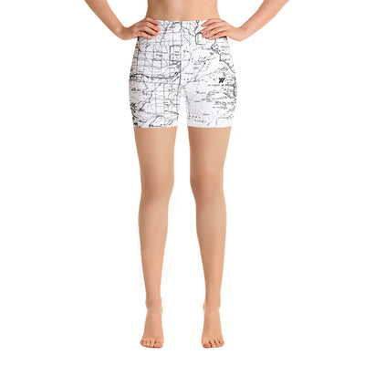 SIERRA MAP-WHITE-All Over Print Women's Yoga Shorts | TRVRS Outdoors, Hiking, trail running, mountaineering apparel 